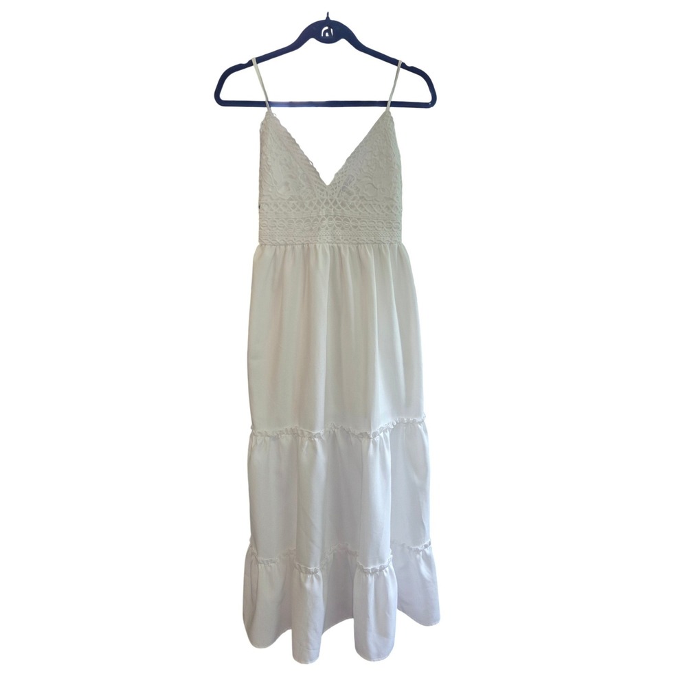 Say What? White Crochet Lace Tiered Maxi Dress Smocked‎ Back Size M Boho Summer